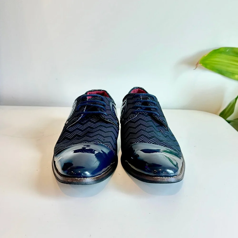 Mens Navy Blue Chevron Pattern Patent Cap Toe Dress‎ Shoes Oxford Size 8.5